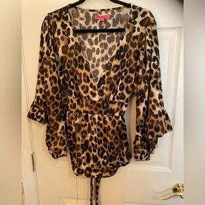 Betsey Johnson Boho Bell Sleeve Empire Tie Waist Surplice top XL Leopard